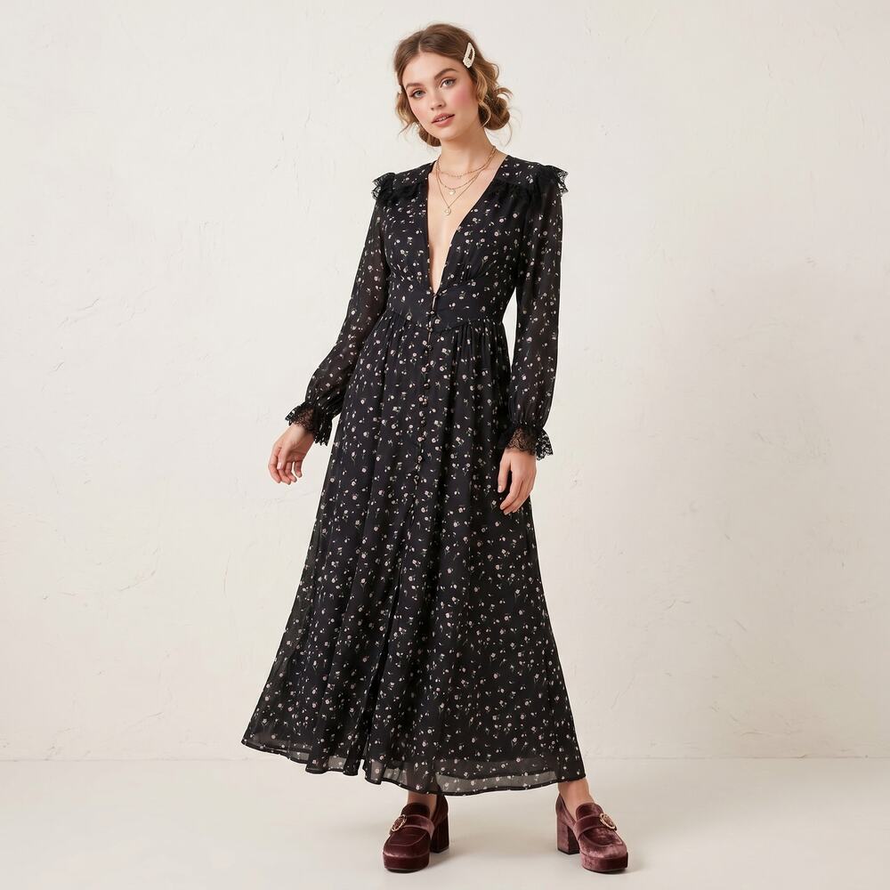 Sister Jane DREAM Familiar Floral Maxi Dress in Black size XS NEW